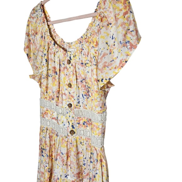 Japna Womens Large Watercolor Pastel Floral Button-Up‎ Smocked Back Waist Dress - Picture 3 of 8